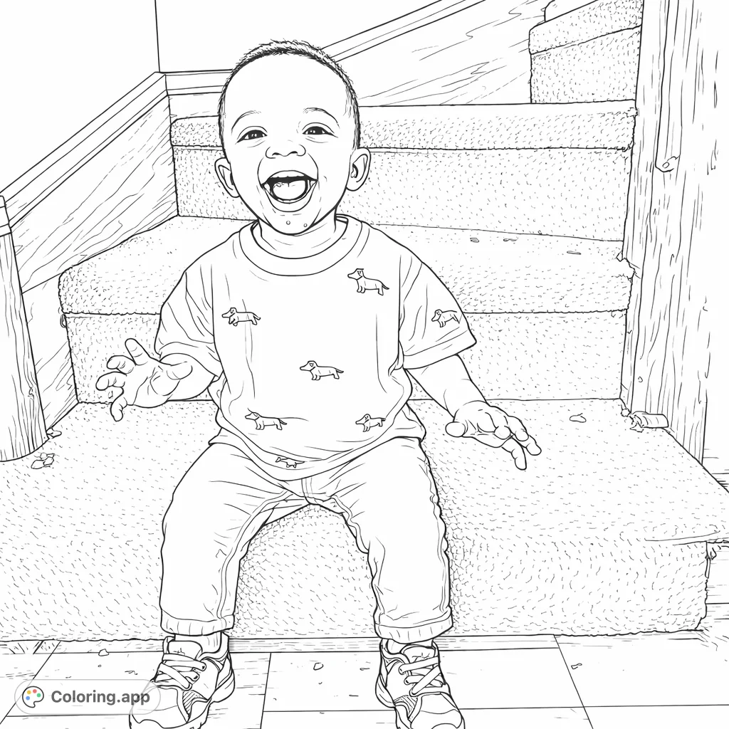 A delightful coloring page featuring a laughing child seated on a carpeted staircase, wearing a patterned shirt. Perfect for capturing joyous moments!