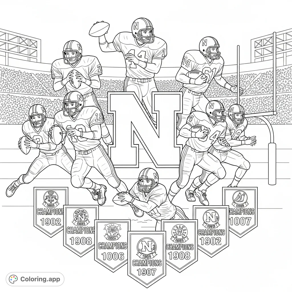A detailed Nebraska Cornhusker Football coloring page featuring the iconic 'N' logo, legendary players in action, and memorable championship years. Perfect for fans!