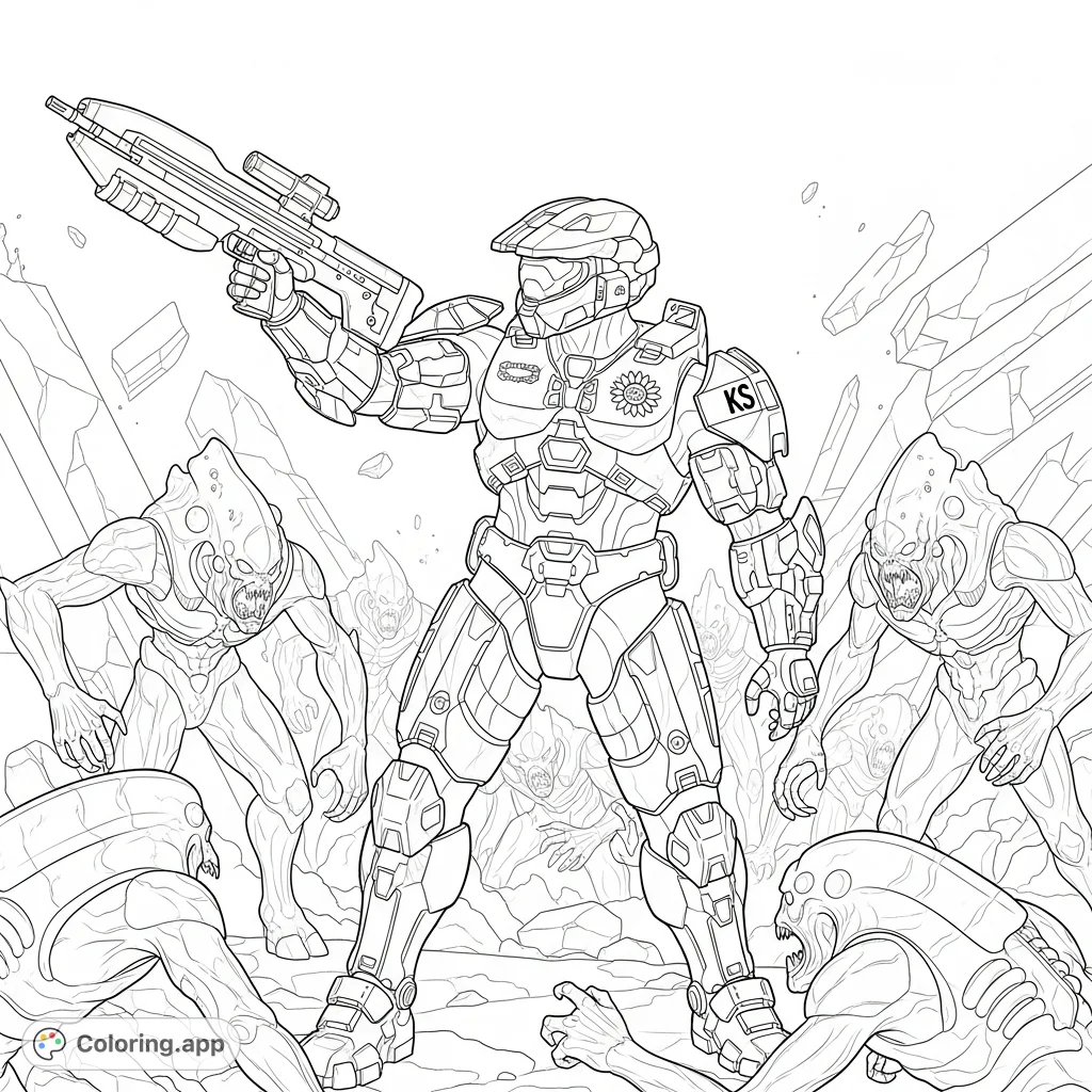 A detailed Halo coloring page featuring a Kansas-inspired Spartan battling grotesque Flood forms amidst a chaotic, battle-damaged landscape. Perfect for fans!