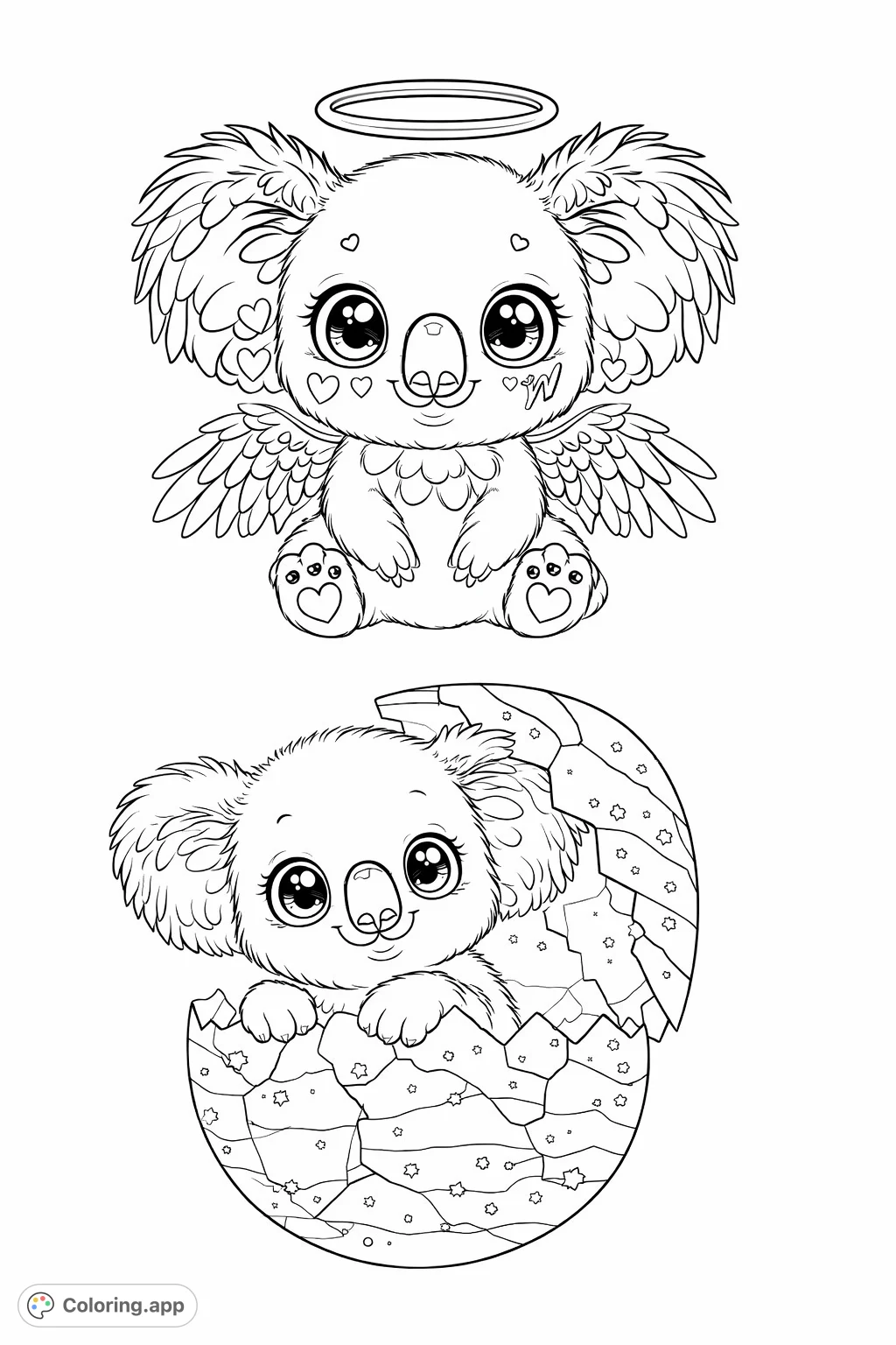 Two adorable koalas: one winged with a halo and hearts, the other peeking from a patterned cracked egg. A charming scene for creative coloring fun!