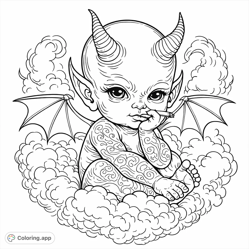 Discover a whimsical mischievous cloudling, complete with horns and wings, nestled among soft clouds. Perfect for imaginative minds.