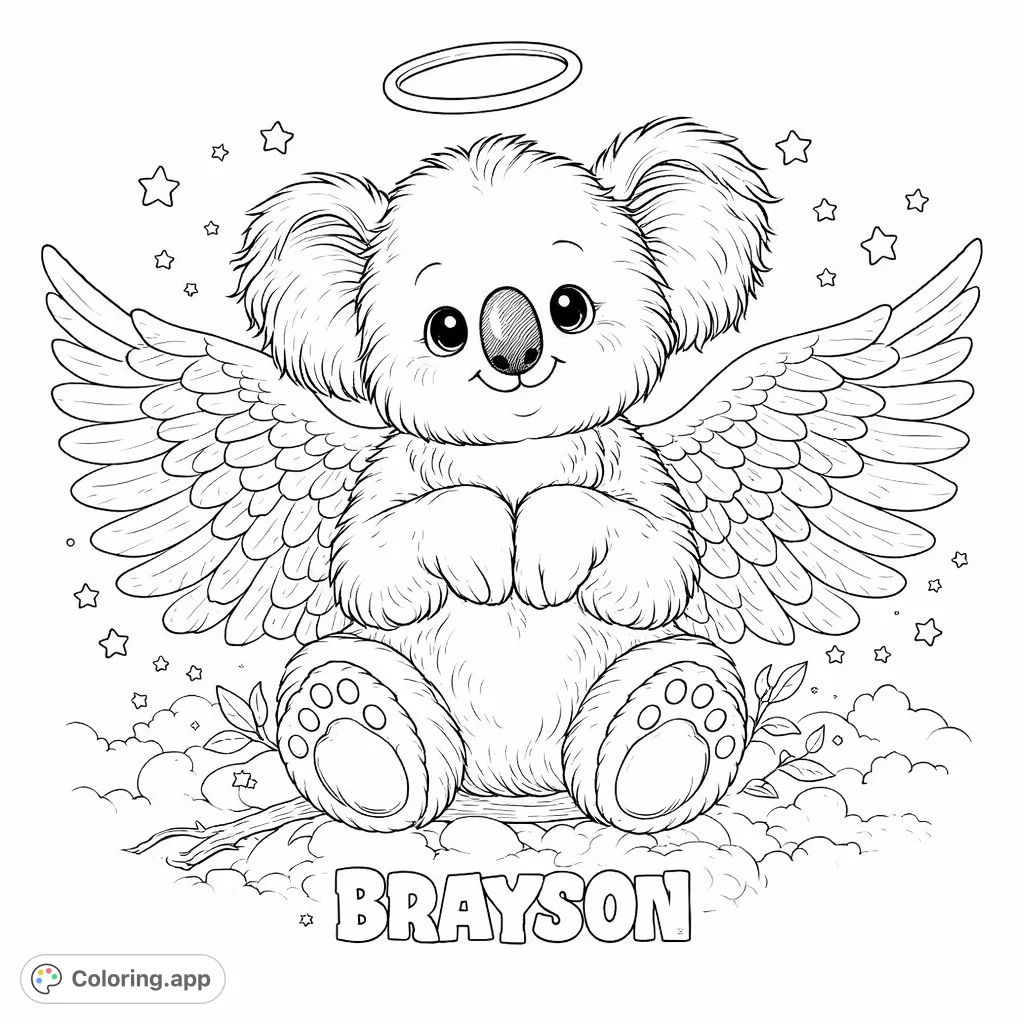A heartwarming angel koala coloring page, featuring a cute winged character with a halo sitting on a branch amidst clouds and stars. Perfect for creative relaxation.
