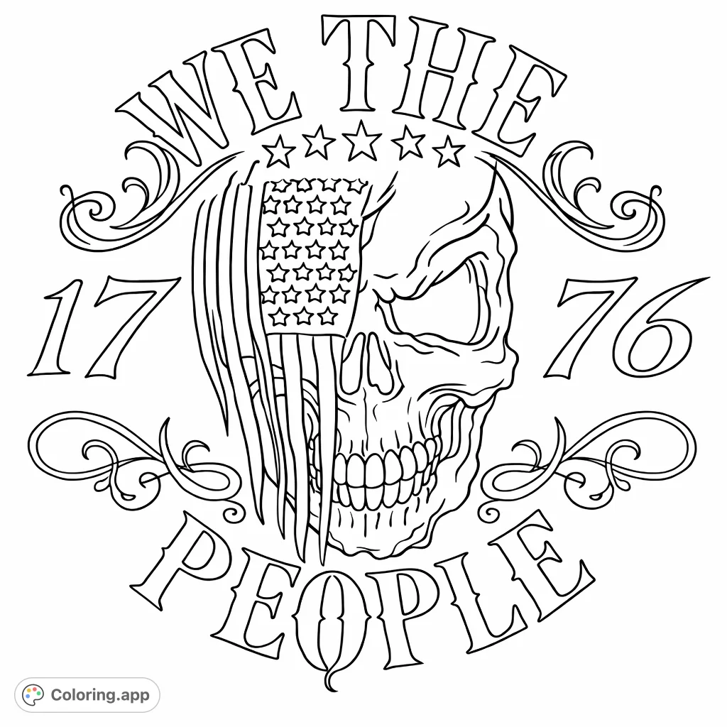 A powerful emblem featuring a distressed skull merged with a flag pattern, surrounded by "WE THE PEOPLE" and "1776," framed by ornate scrolls.