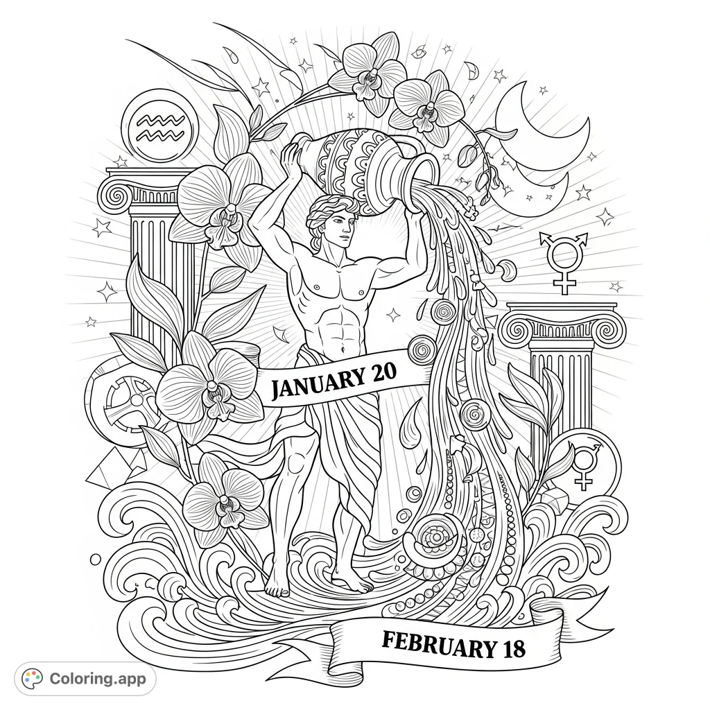 A detailed Aquarius coloring page featuring the Water Bearer, dates, symbolic water flow of wisdom and innovation, ornate orchids, and elements of strength.