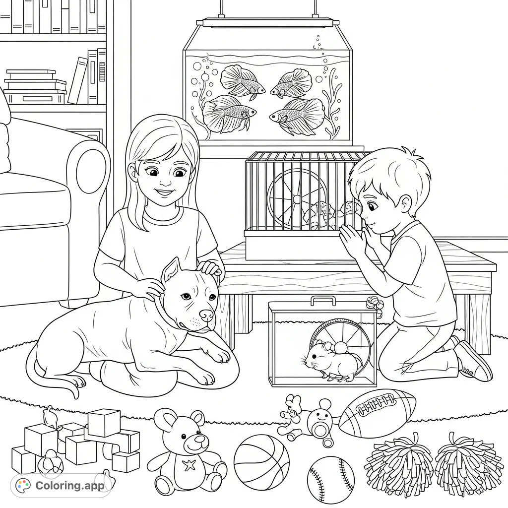 A heartwarming free printable cozy living room coloring page depicting children with their pets: a sister petting a pitbull, a brother watching a hamster, and betta fish swimming.