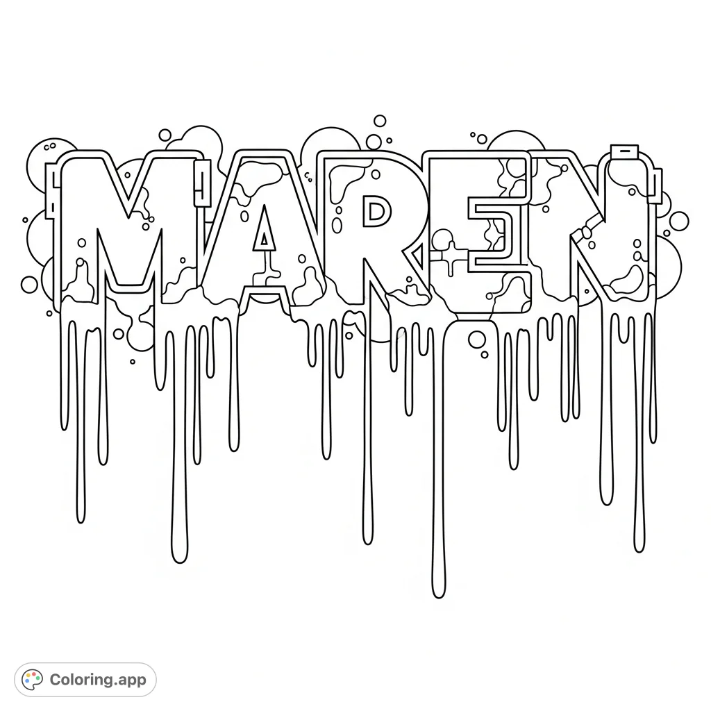 A dynamic graffiti Maren coloring page, featuring bold, blocky letters with thick outlines, flowing drips, and abstract splatters. Expressive and free printable for creative minds.