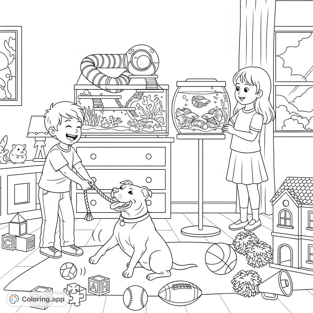 A delightful playroom scene featuring a brother playing with a cheerful pitbull, a sister watching betta fish, and a detailed hamster habitat. Packed with toys!
