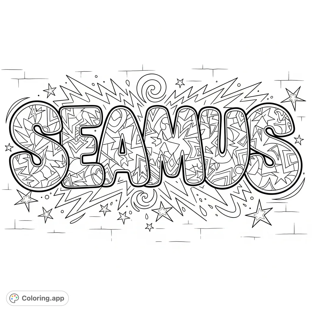 Unleash your creativity with this dynamic SEAMUS graffiti coloring page featuring bold bubble letters, intricate geometric patterns, and urban-inspired details.