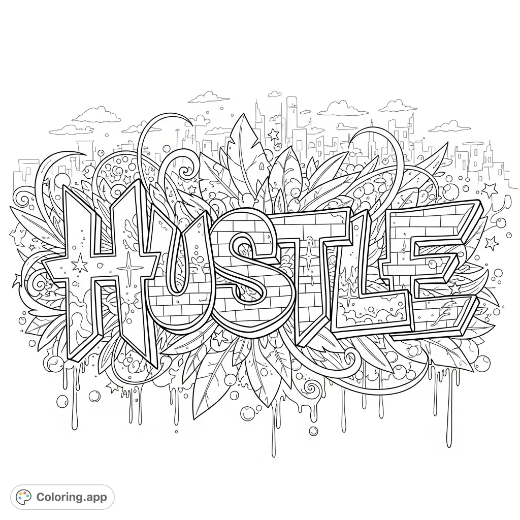 Dynamic "HUSTLE" graffiti dominates an urban scene. Intricate patterns, swirling lines, and city elements create a detailed, energetic street art coloring page.