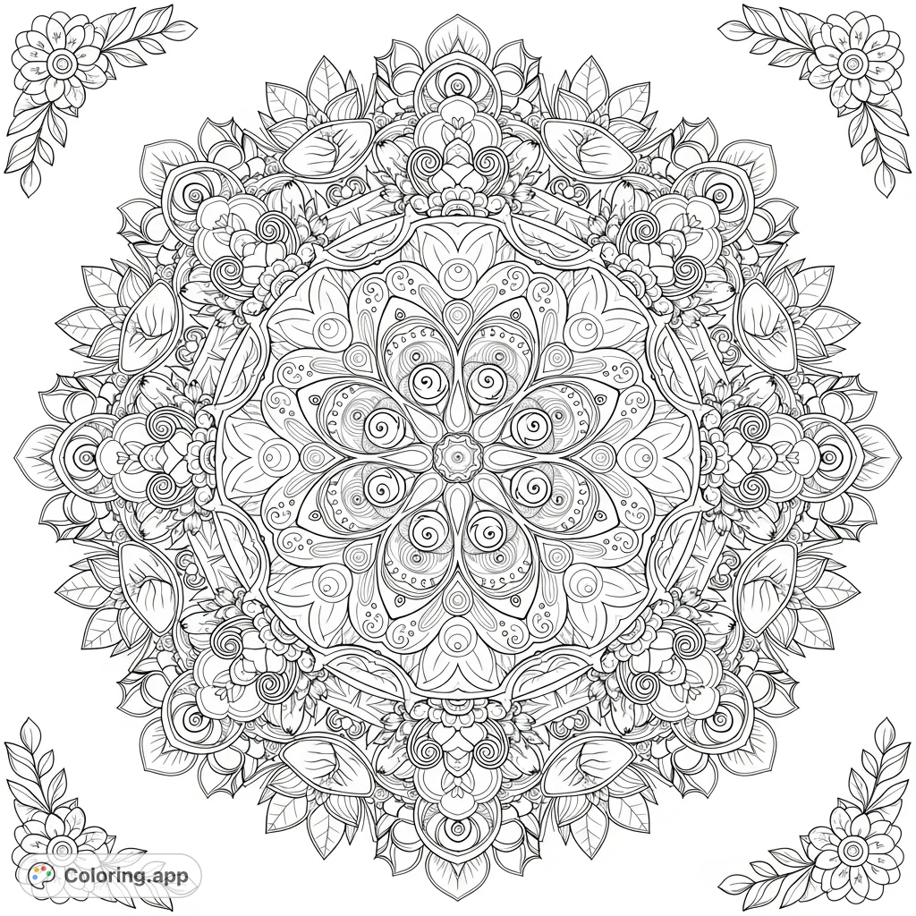 Unleash your creativity with this intricate floral mandala coloring page, brimming with delicate petals, swirling tendrils, and symmetrical botanical patterns.