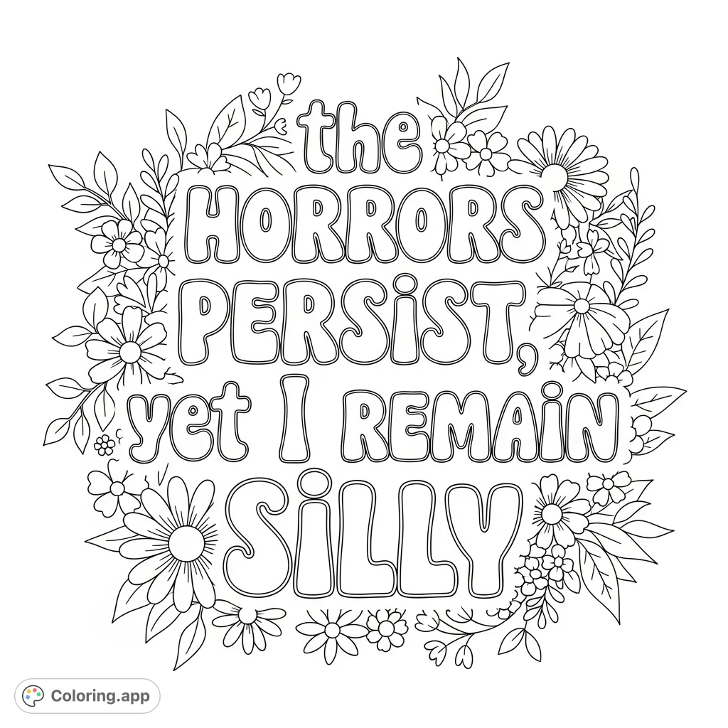 A charming coloring page featuring the witty phrase "the horrors persist, yet I remain silly" in delightful lettering, adorned with an array of cute flowers.