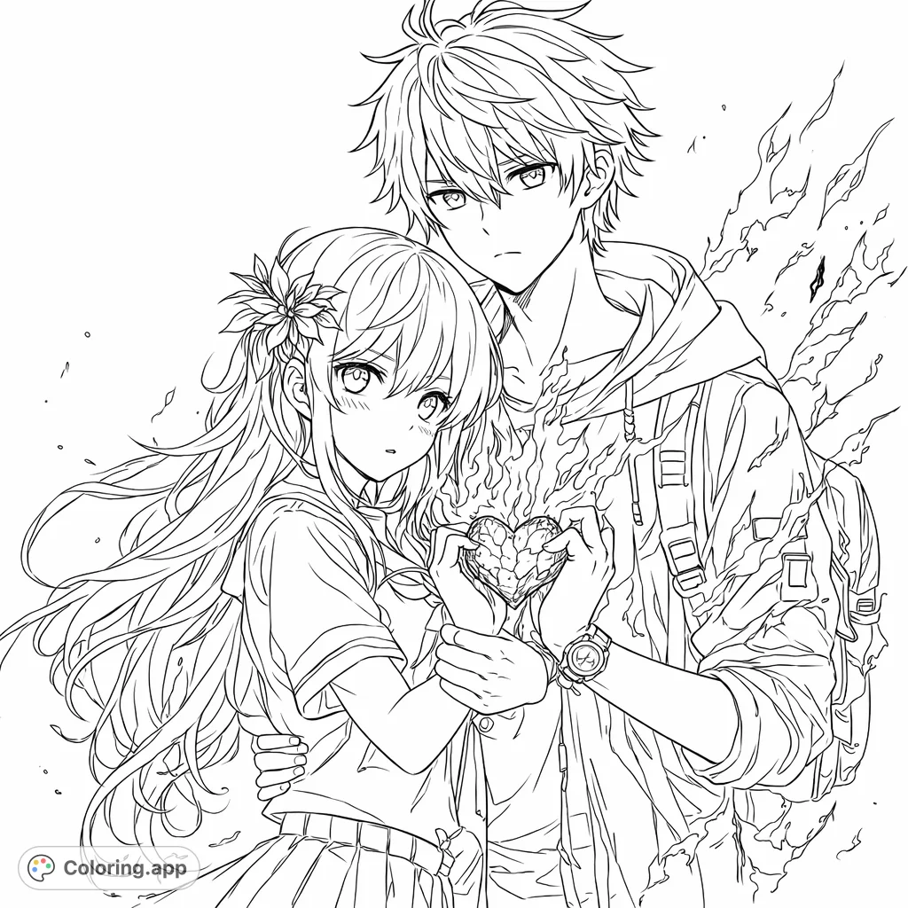 Anime couple embracing, holding a fractured, glowing heart amidst dynamic energy. A scene of intense emotion and connection, perfect for romantic art enthusiasts.