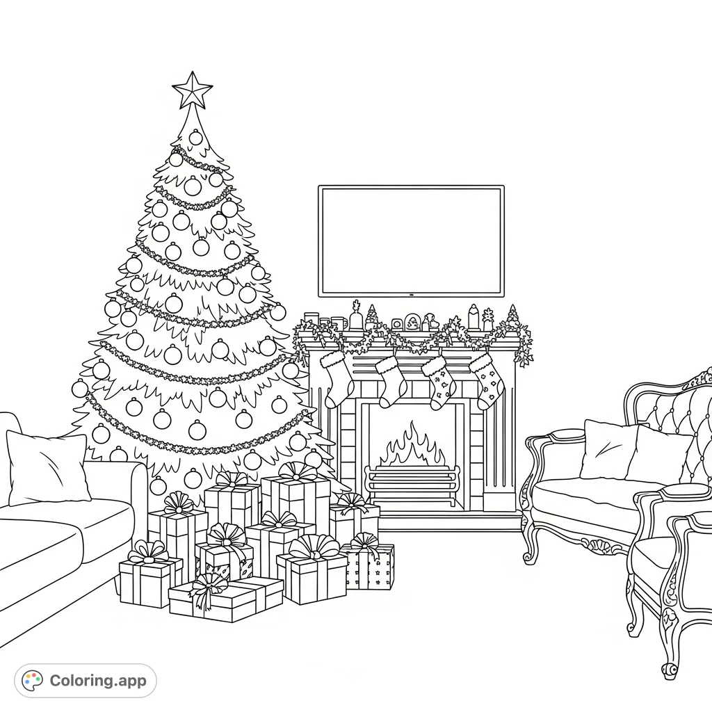 Immerse yourself in the holiday spirit with a detailed Christmas scene featuring a decorated tree, stacked presents, a cozy fireplace, and comfortable furniture.