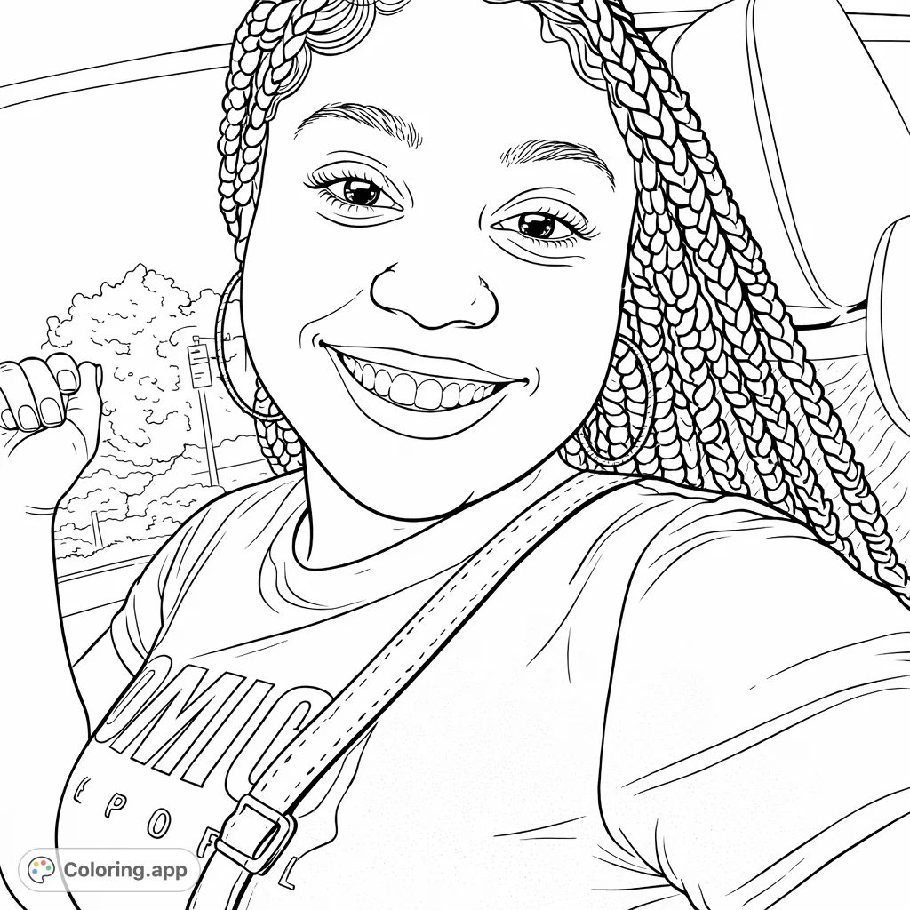 A free printable happy woman car portrait coloring page, featuring a smiling individual with stylish braided hair, perfect for personal expression.