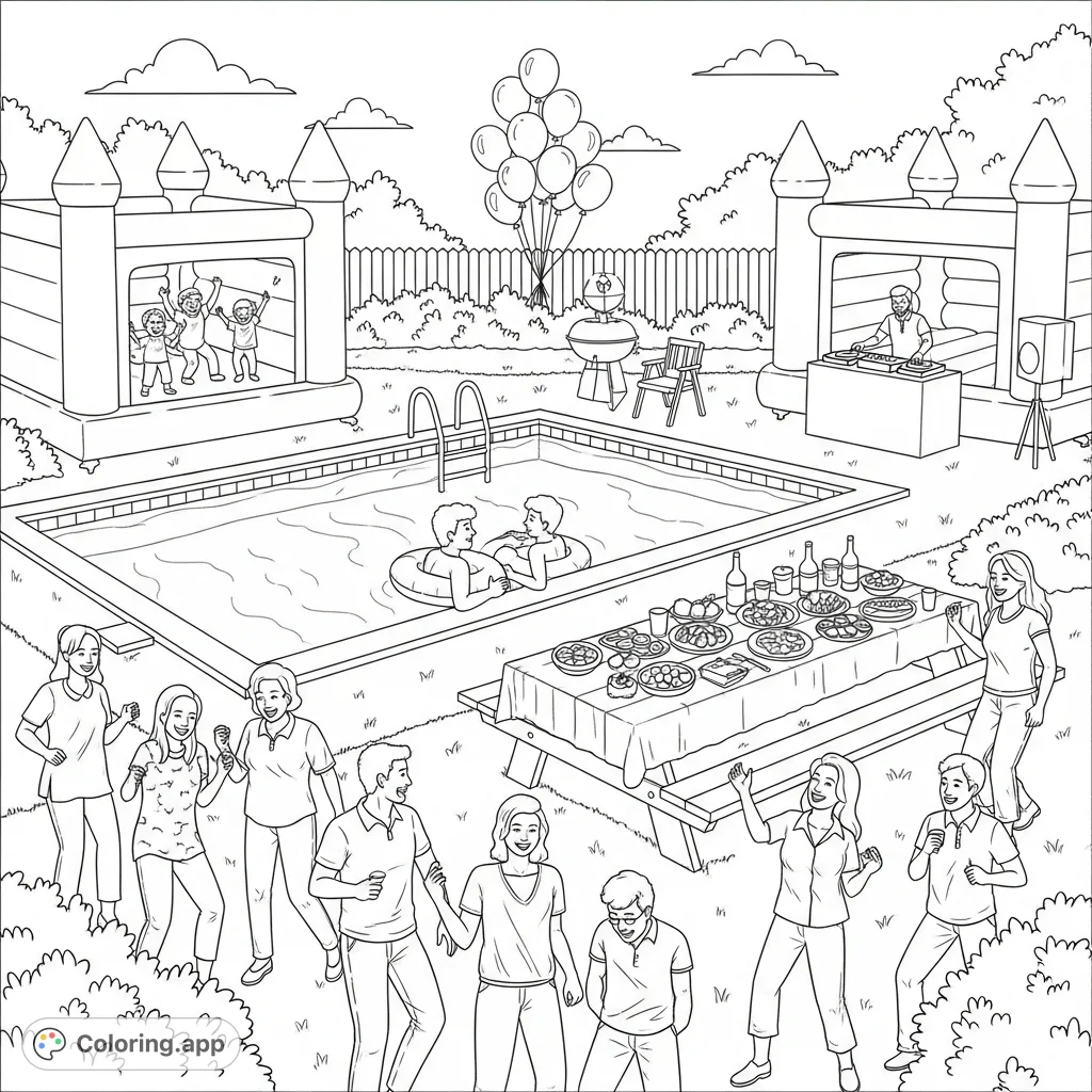 A vibrant backyard barbecue scene unfolds with guests laughing, dancing, and children playing in a bounce house. A pool, picnic table laden with food, and a DJ complete the festive atmosphere.