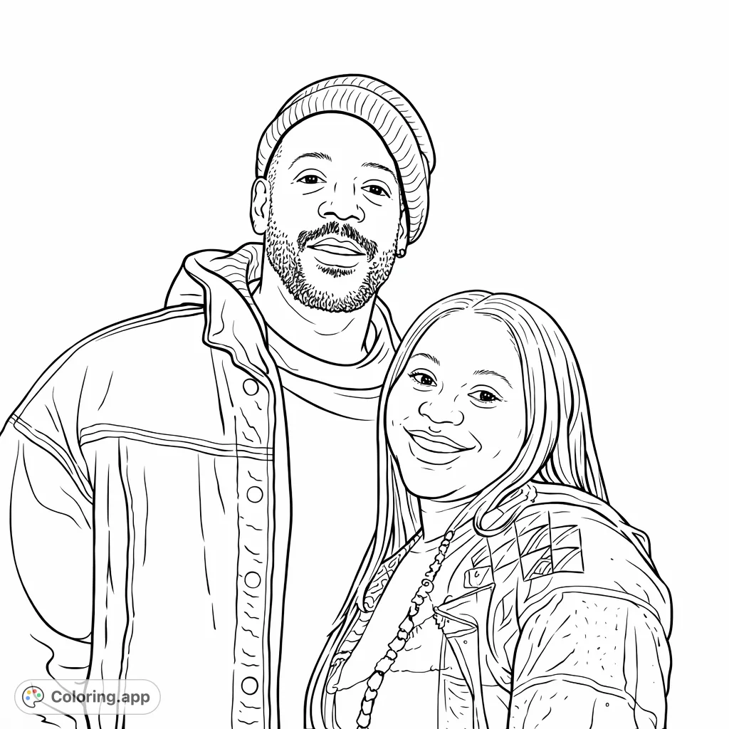 Capture a heartwarming moment with this smiling duo. A man and woman pose happily, featuring detailed clothing and a simple backdrop.