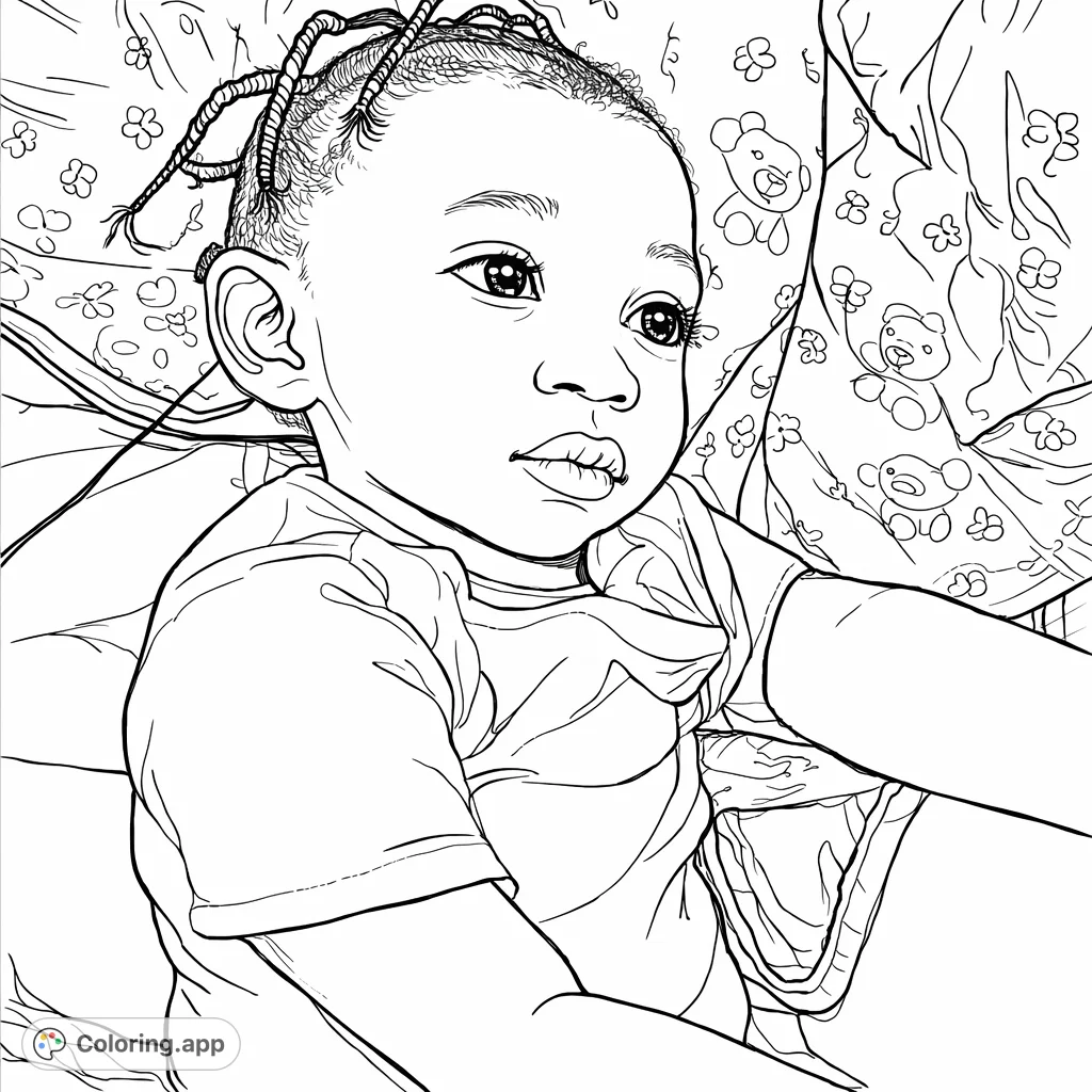 A captivating coloring page featuring a thoughtful child resting with a patterned puppy blanket, perfect for peaceful reflection and creative expression.