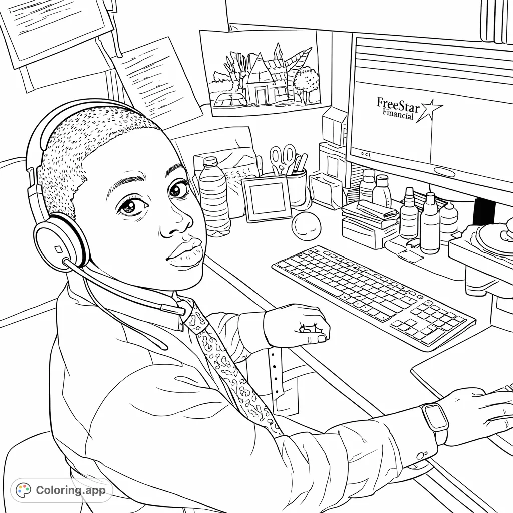 A young person in a headset and tie works at an office desk, surrounded by typical office items and children's artwork. This scene offers a fun coloring page.