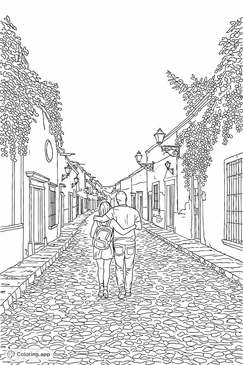 Capture the charm of a romantic evening walk down a historic cobblestone street, lined with classic architecture and illuminated by quaint streetlights.