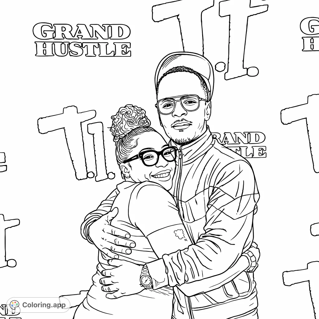 An affectionate celebrity embrace against a branded backdrop, offering a personalized coloring experience for fans of music and entertainment.