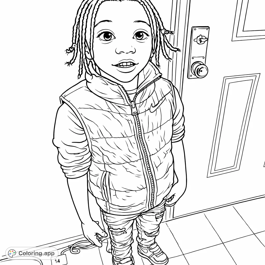 A charming coloring page featuring a young child in a cozy puffer vest and ripped jeans, perfect for creative expression and family fun.