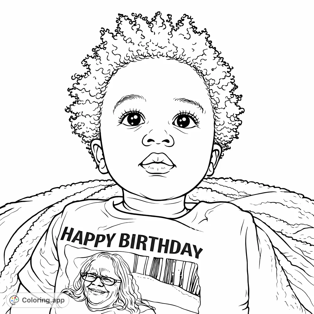 An adorable child with curly hair and expressive eyes, wearing a birthday-themed shirt, ready to be brought to life with your creative colors.
