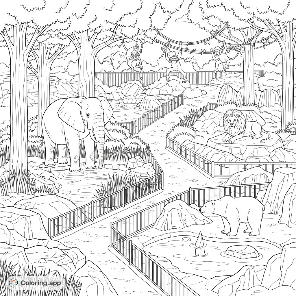 Explore a lively zoo scene with majestic elephants, playful monkeys, regal lions, and a polar bear in its unique habitat. A wild adventure awaits!