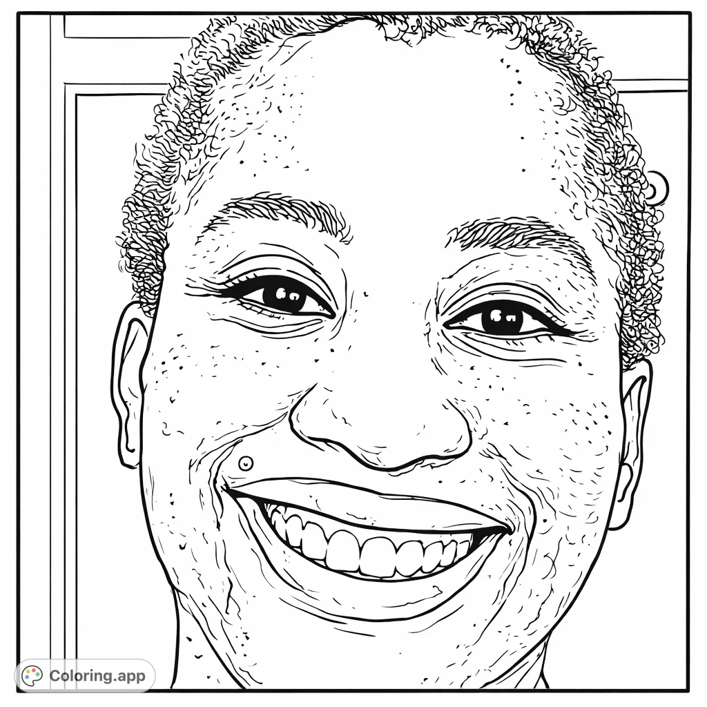 A close-up coloring page of a smiling person with distinctive facial features and a nose piercing, set against a simple paneled background. Express joy!