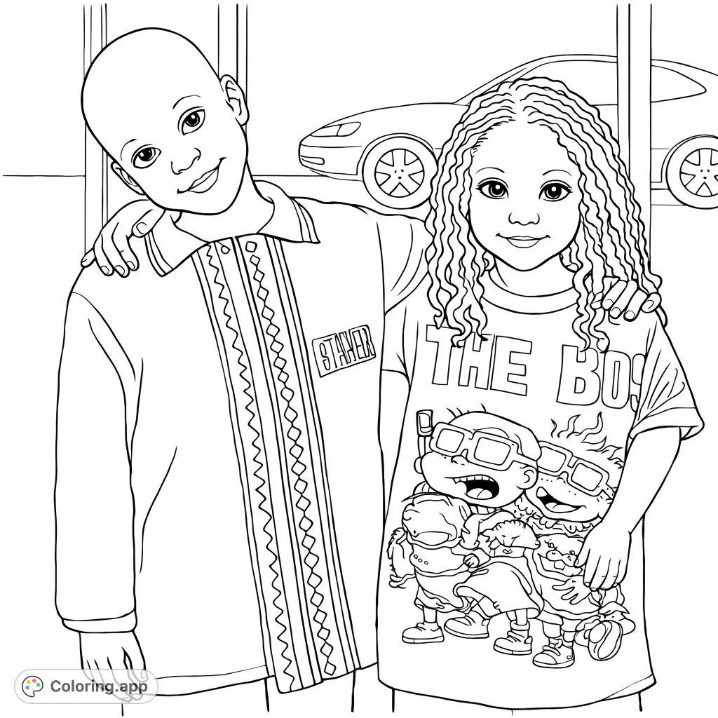 A heartwarming kids coloring page featuring two friends standing together, one proudly wearing a fun cartoon character shirt. Celebrate friendship and childhood memories.