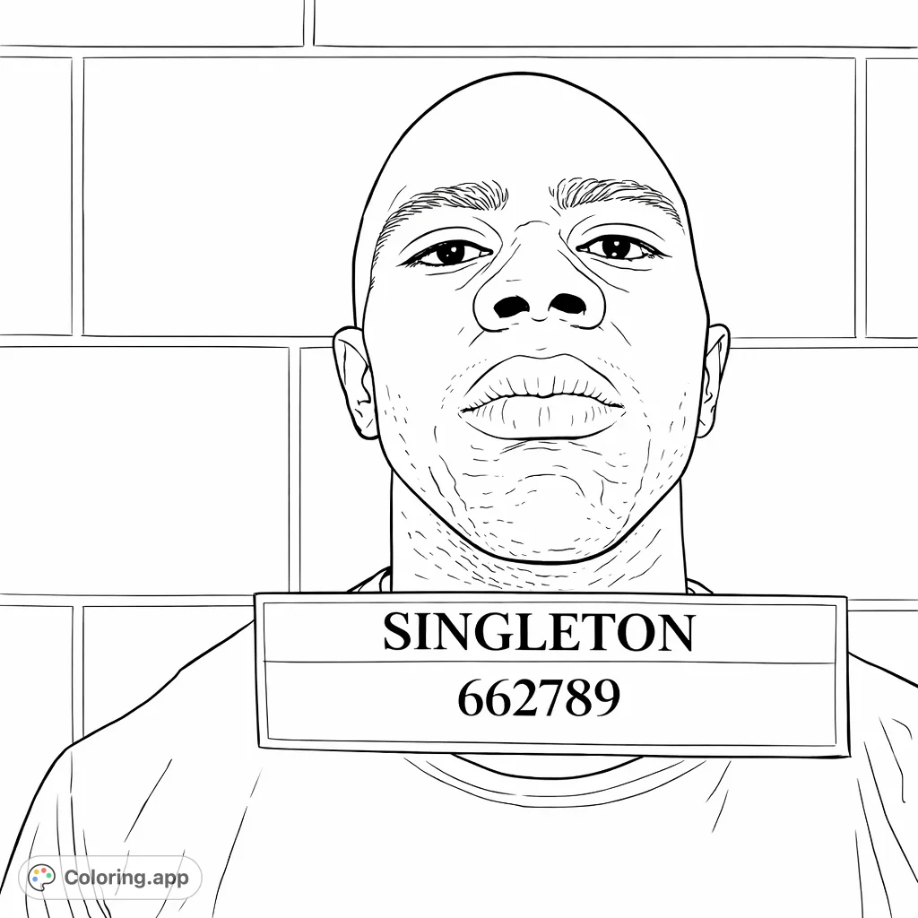 Detailed portrait of a man with a neutral expression and closely shaven head. An identification plate rests below his chin against a textured wall background.