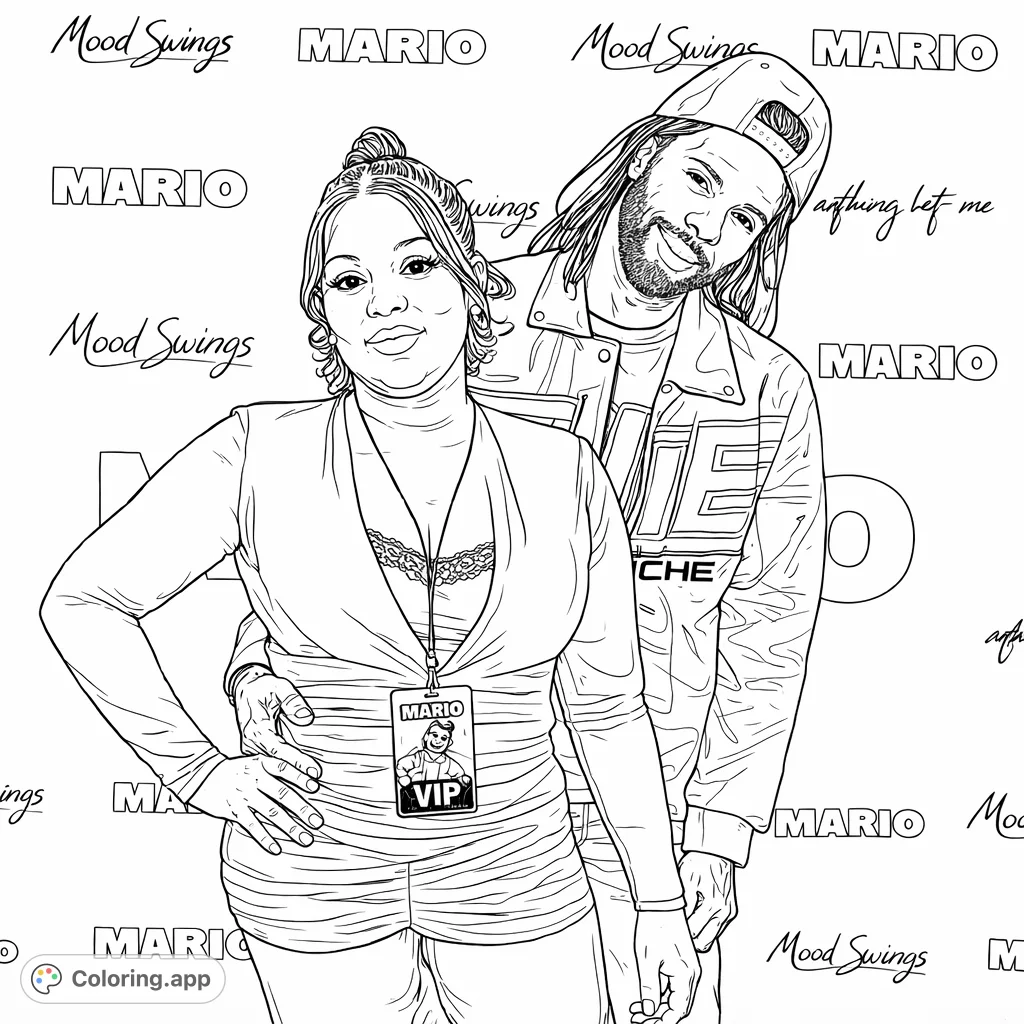 A dynamic music event scene featuring two contemporary figures posing against a vibrant, text-filled backdrop. Capture modern fashion and spirited energy.