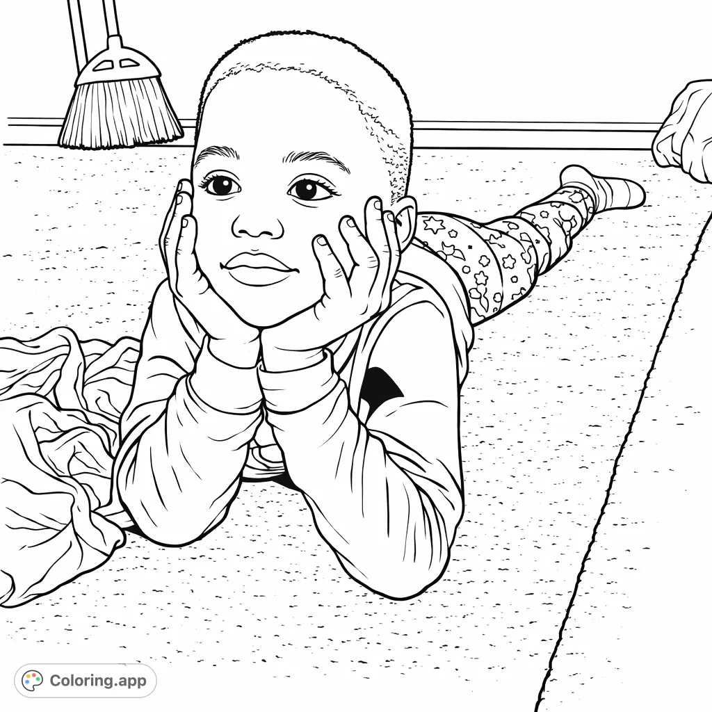 A charming child lies thoughtfully on a textured floor, propped on hands. A wonderful free printable child portrait coloring page for quiet moments.