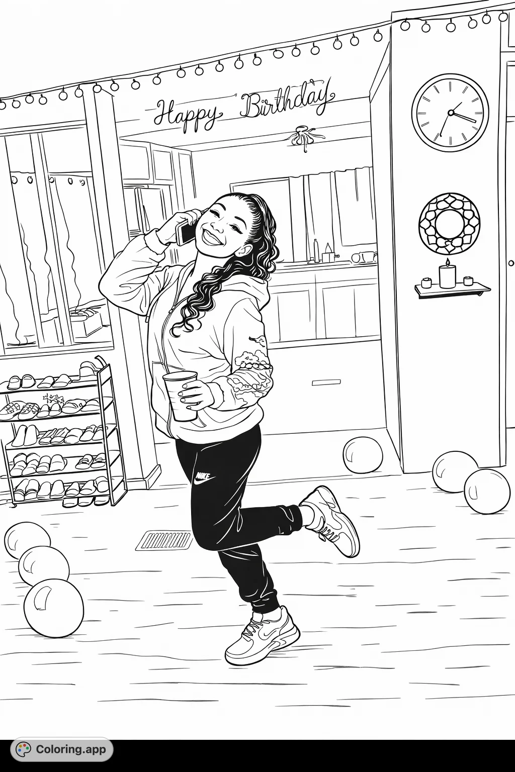 A smiling young woman poses in a festive room adorned with a 'Happy Birthday' banner, string lights, and balloons, ready for your creative touch.