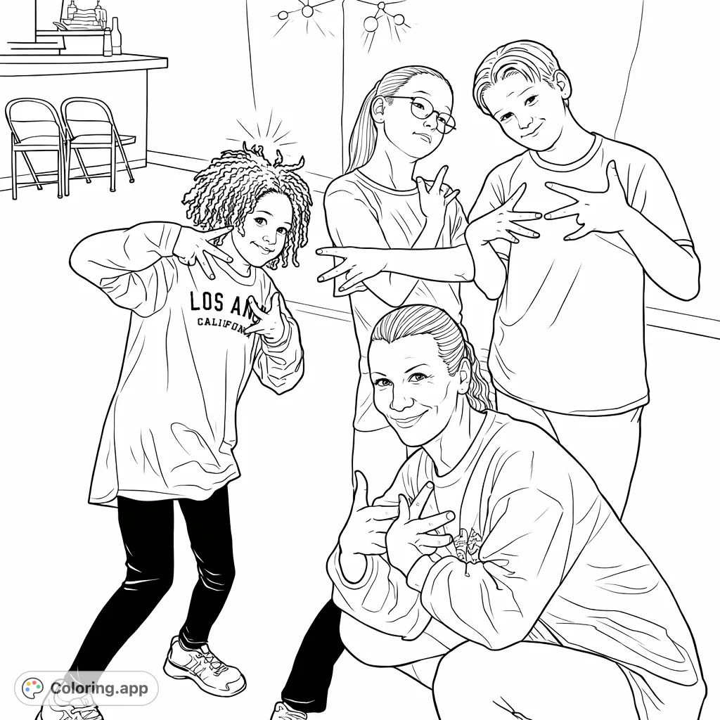 A dynamic scene featuring an adult and three younger individuals striking various playful poses, ideal for creative expression and family fun.