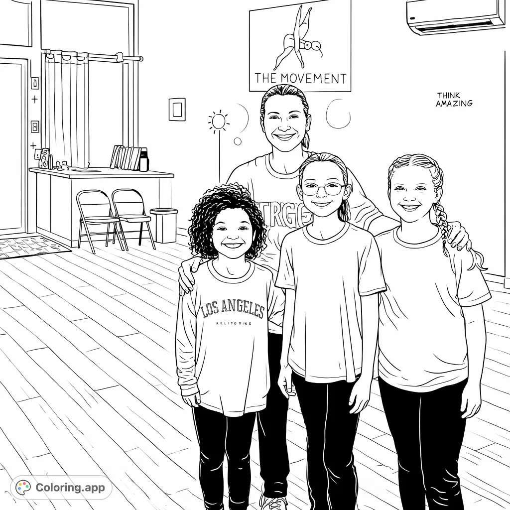 A heartwarming group portrait of an adult and three smiling children in a dynamic studio setting with inspiring background details. Perfect for coloring.