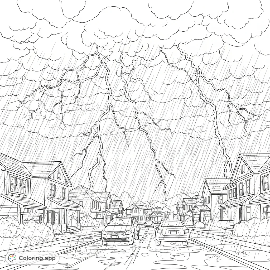 Experience the intense drama of a powerful storm with lightning bolts, heavy rain, houses nestled securely, and cars navigating wet streets in this dynamic coloring page.