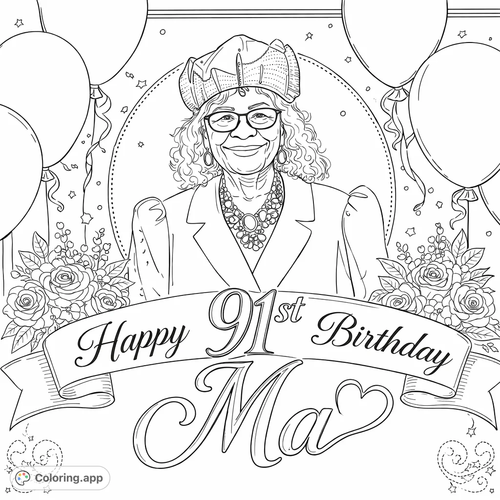An elegant birthday celebration featuring a smiling matriarch framed by festive balloons, roses, and a special banner. A heartwarming, detailed scene.