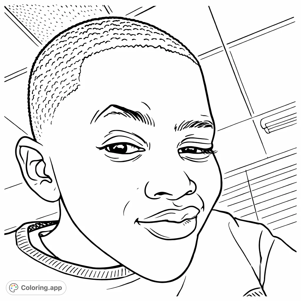 Capture a playful expression in this expressive youngster portrait coloring page. Features wavy hair, textured clothing, and an indoor background.