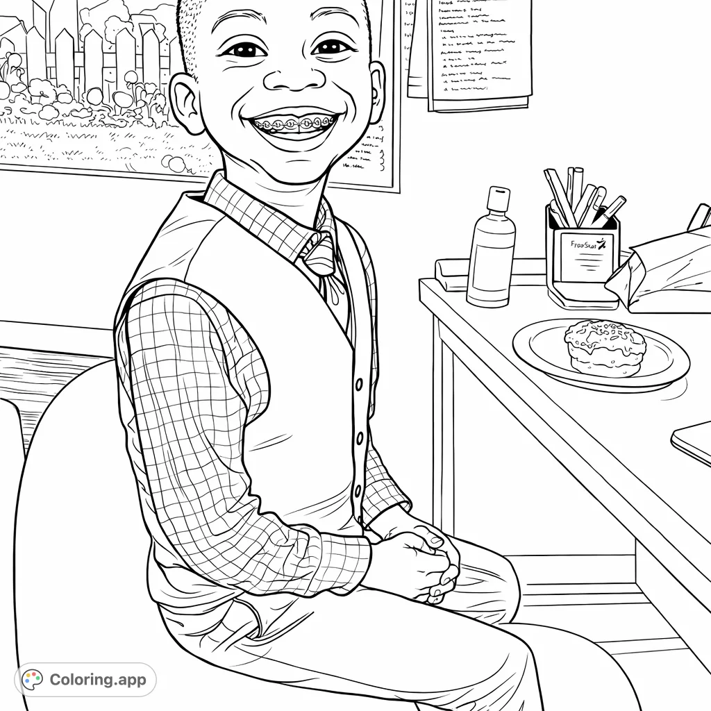 A cheerful young boy with braces smiles brightly while seated at a desk with a sweet treat, surrounded by office essentials and a vibrant background poster.