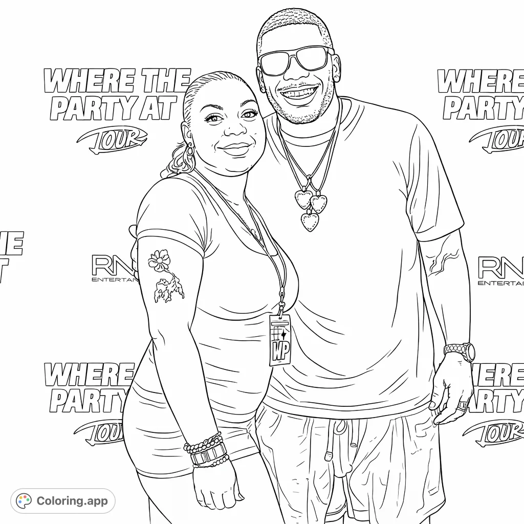 Capture the excitement of a music event with this detailed coloring page of a smiling duo against a branded tour backdrop. Perfect for fans and creative expression.