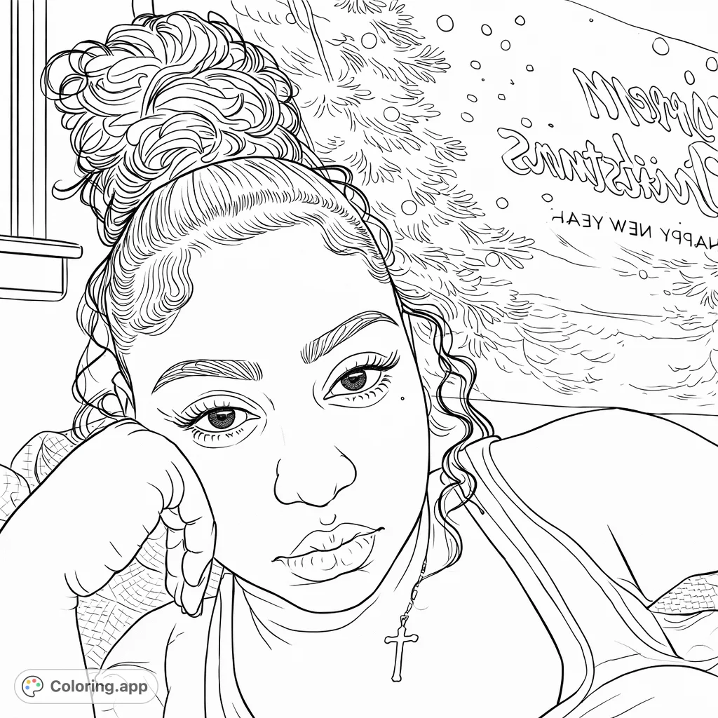 A serene portrait featuring a person with a stylish bun and a cross necklace, set against a festive winter backdrop. Perfect for mindful coloring.