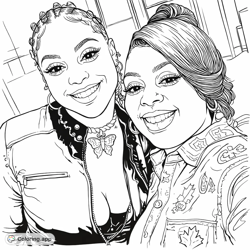 Capture the joy of friendship with this portrait coloring page featuring two smiling women. Detail their unique hairstyles, clothing, and accessories.