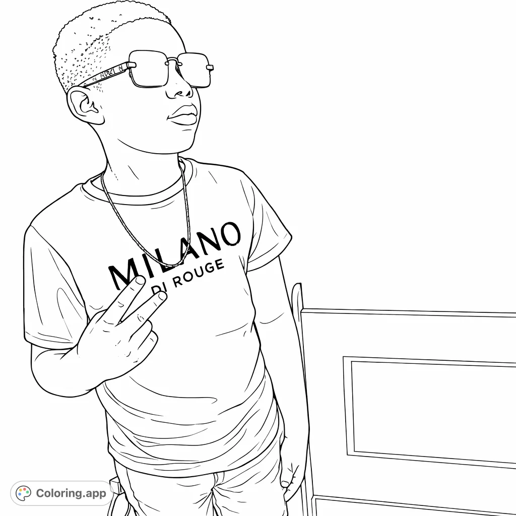 Pose with confidence! This stylish youth in contemporary sunglasses makes a peace sign, ready for imaginative coloring and creative expression.