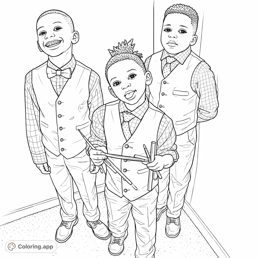 Color three sharply dressed boys in their vests, shirts, and ties, featuring detailed patterns and varying expressions for a charming scene.