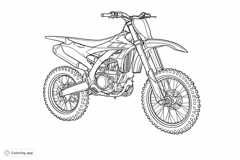 Unleash your creativity with this detailed dirt bike coloring page. Perfect for vehicle enthusiasts to personalize every intricate component for an off-road adventure.