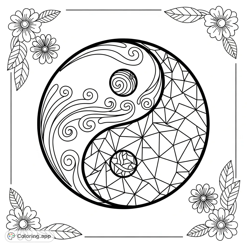 Explore intricate patterns within a classic yin yang symbol. A detailed design, perfect for mindful coloring and creative expression, offering balance and duality.