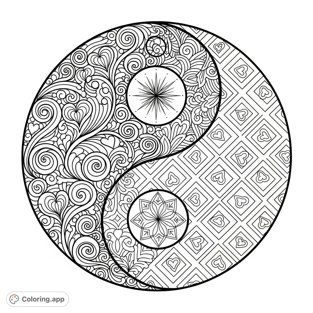 Discover balance and contrast with this unique yin yang coloring page, featuring intricate organic and geometric patterns for mindful creativity.