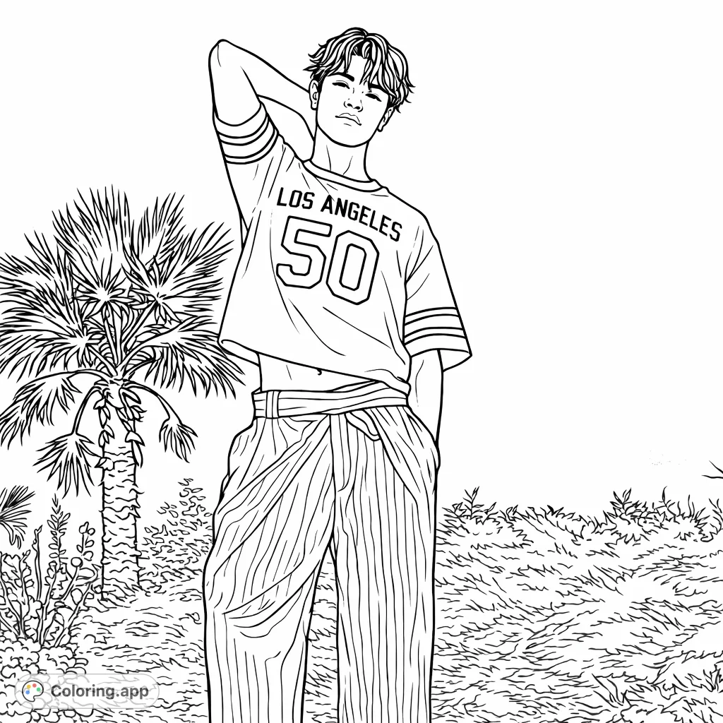 A fashionable young man in a cropped top and pleated trousers poses confidently outdoors, surrounded by lush foliage and a palm tree, ready for creative coloring.