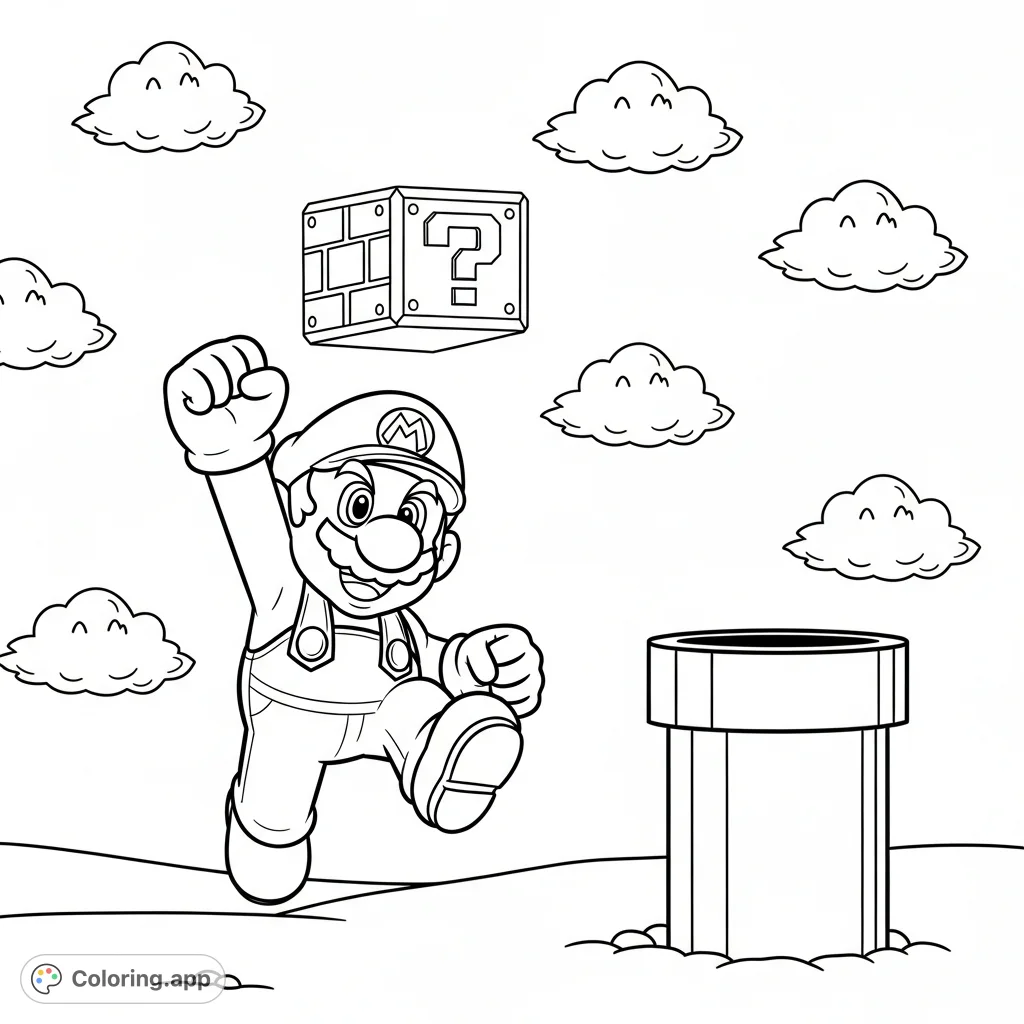 Dive into the world of Super Mario with this action-packed Mario coloring page! Mario is shown mid-jump, ready to hit a question mark block in a classic scene.