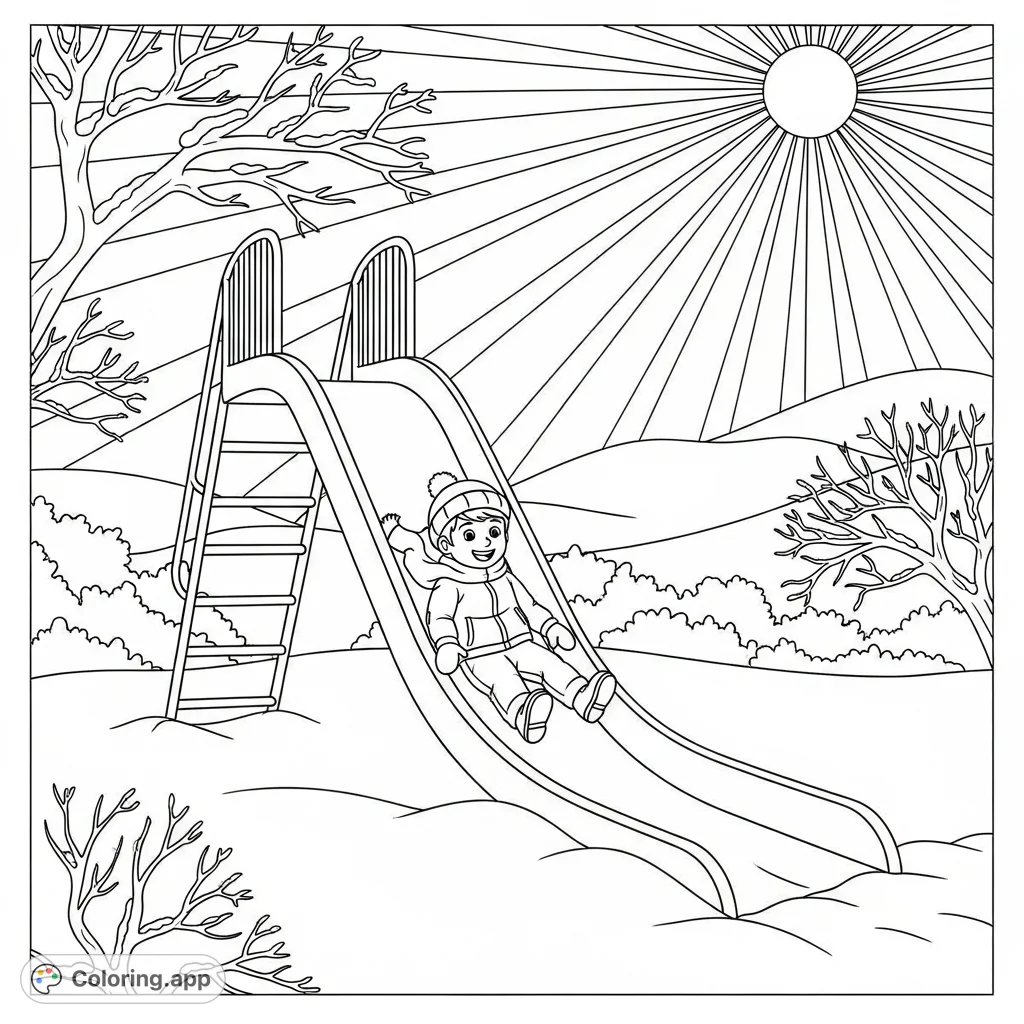 A cheerful 6-year-old boy gleefully slides down a tall slide amidst a serene, snow-covered winter landscape under a shining sun. A fun, free printable coloring page.
